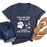 Dogs and Wine Make Me Happy Print Tshirt Casual Women Clothes Dog Paw Short Sleeve Shirt Wine Lovers Fashion V-neck Lady T Shirt