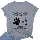 Dogs and Wine Make Me Happy Print Tshirt Casual Women Clothes Dog Paw Short Sleeve Shirt Wine Lovers Fashion V-neck Lady T Shirt