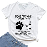 Dogs and Wine Make Me Happy Print Tshirt Casual Women Clothes Dog Paw Short Sleeve Shirt Wine Lovers Fashion V-neck Lady T Shirt