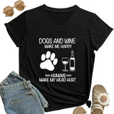 Dogs and Wine Make Me Happy Print Tshirt Casual Women Clothes Dog Paw Short Sleeve Shirt Wine Lovers Fashion V-neck Lady T Shirt