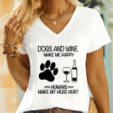 Dogs and Wine Make Me Happy Print Tshirt Casual Women Clothes Dog Paw Short Sleeve Shirt Wine Lovers Fashion V-neck Lady T Shirt